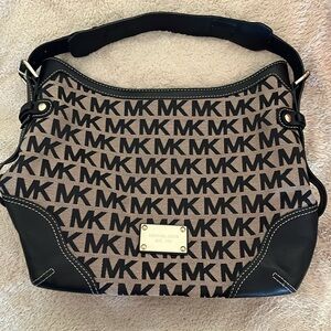 Michael Kors MK Monogram Block Print Black Tan Jacquard Shoulder Bag